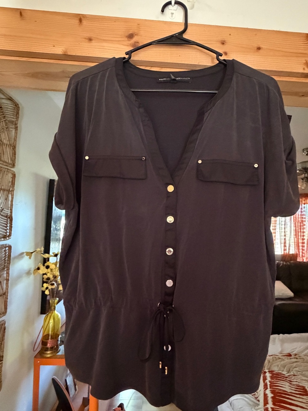 White House Black Market Black Button-Front Drawstring Blouse